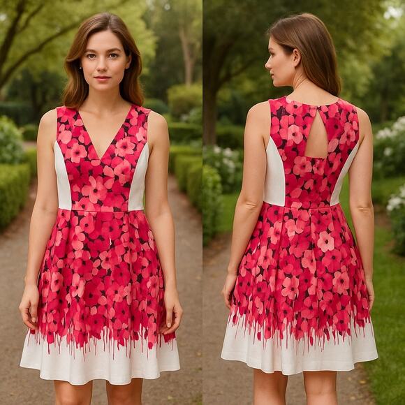 Jones New York Pink Floral Fit Flare Dress 12 V-Neck Back Cutout Summer Party‎ - Picture 16 of 16